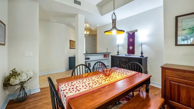 Dining room, Interior, Pendant Lights, Wood Texture Flooring