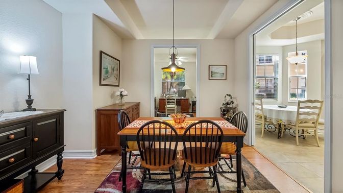 Dining room, Interior, Pendant Lights, Wood Texture Flooring