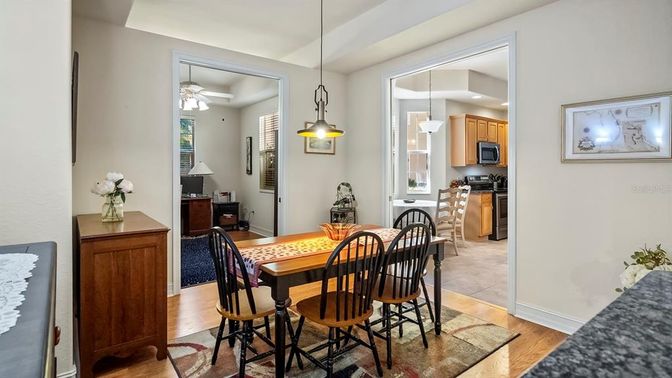 Dining room, Interior, Kitchen, Pendant Lights, Wood Texture Flooring