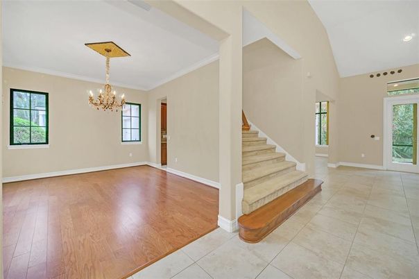 Chandelier, Empty room, Interior, Recessed Lighting, Wood Texture Flooring