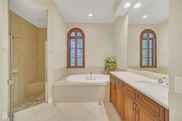Bathroom, Dual Sink Vanities, Glass Shower, Interior, Recessed Lighting