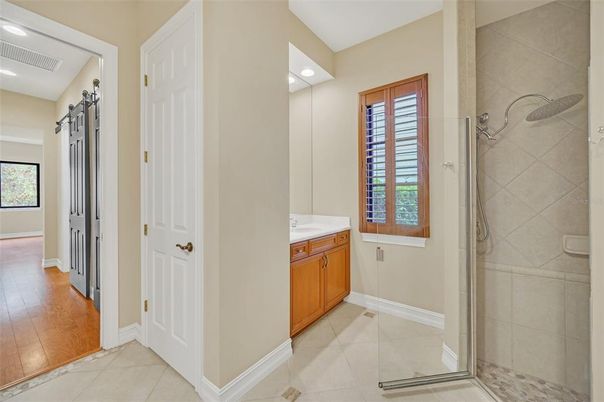 Bathroom, Glass Shower, Interior, Recessed Lighting, Wood Texture Flooring
