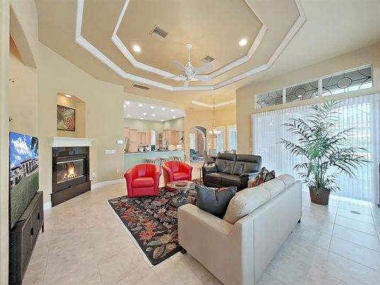 Fireplace, Interior, Kitchen, Living room, Pendant Lights, Recessed Lighting