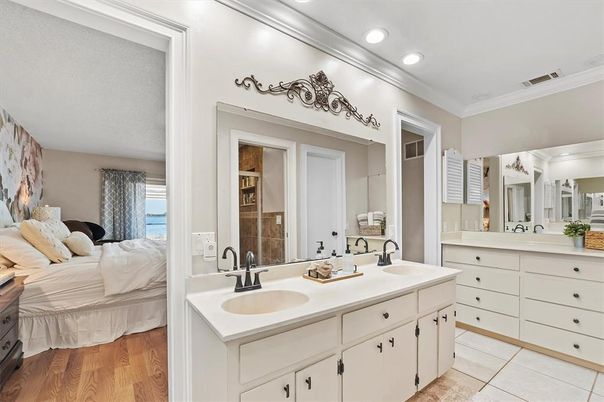 Bathroom, Dual Sink Vanities, Interior, Recessed Lighting, Wood Texture Flooring