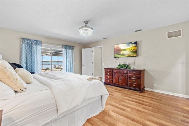 Bedroom, Chandelier, Interior, Wood Texture Flooring