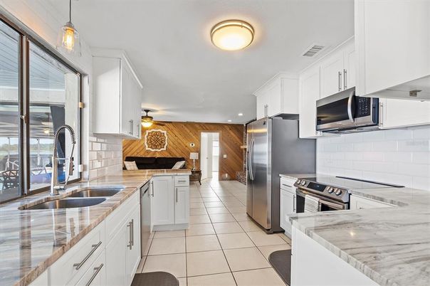 Interior, Kitchen, Pendant Lights, Stainless Steel Appliances, Wooden Walls