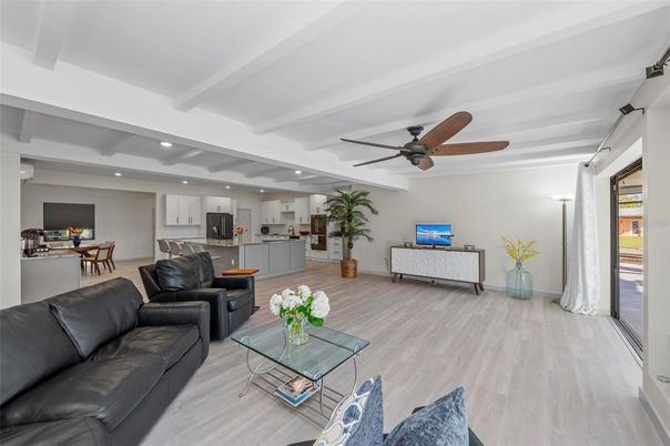 Dining room, Interior, Kitchen, Living room, Recessed Lighting, Wood Texture Flooring