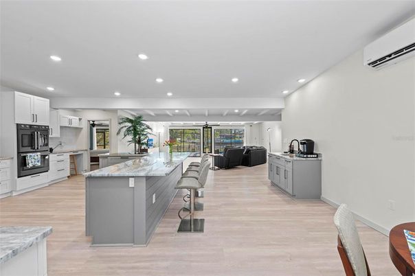 Interior, Kitchen, Living room, Recessed Lighting, Stainless Steel Appliances, Wood Texture Flooring