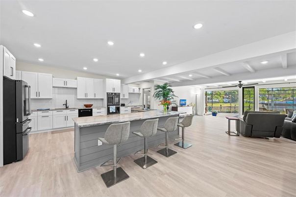 Interior, Kitchen, Living room, Recessed Lighting, Wood Texture Flooring