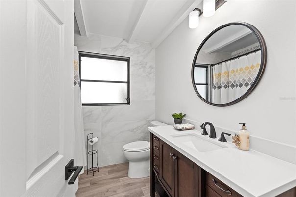 Bathroom, Interior, Marble Walls, Wood Texture Flooring