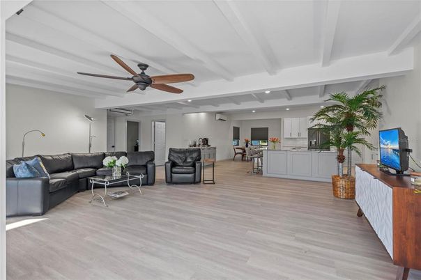 Dining room, Interior, Kitchen, Living room, Recessed Lighting, Wood Texture Flooring