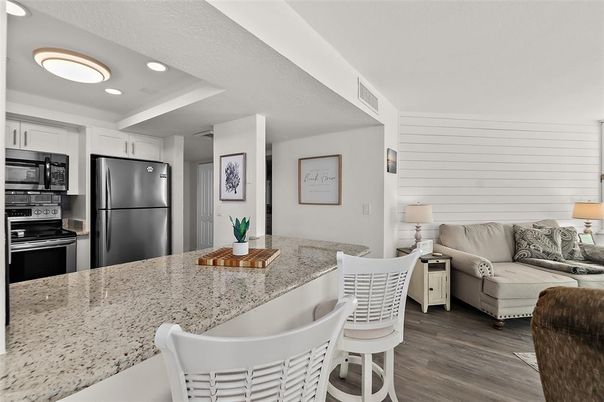 Interior, Kitchen, Living room, Recessed Lighting, Stainless Steel Appliances, Wood Texture Flooring
