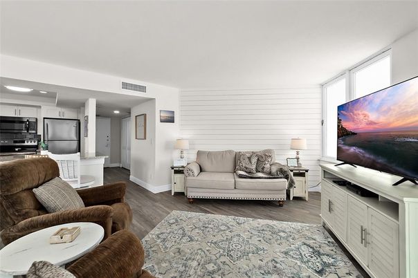 Interior, Kitchen, Living room, Recessed Lighting, Stainless Steel Appliances, Wood Texture Flooring