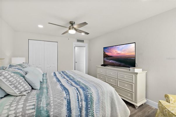 Bedroom, Interior, Recessed Lighting, Wood Texture Flooring