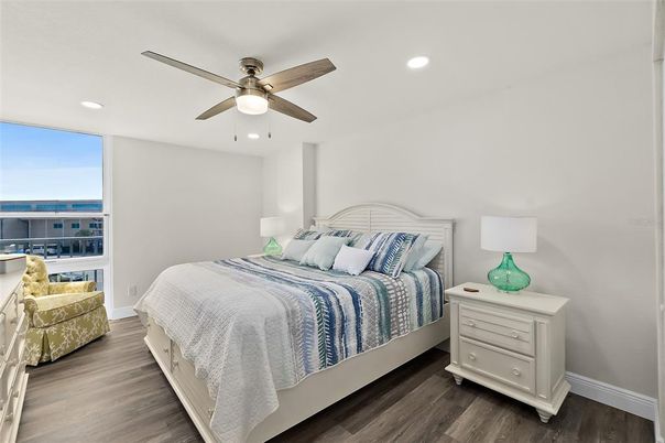 Bedroom, Interior, Recessed Lighting, Wood Texture Flooring