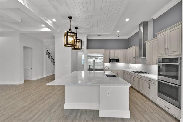 Interior, Kitchen, Pendant Lights, Recessed Lighting, Stainless Steel Appliances, Wood Texture Flooring