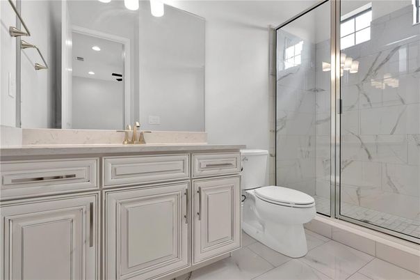 Bathroom, Glass Shower, Interior, Marble, Marble Walls, Recessed Lighting