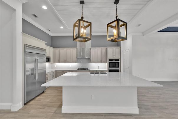 Interior, Kitchen, Pendant Lights, Recessed Lighting, Stainless Steel Appliances, Wood Texture Flooring