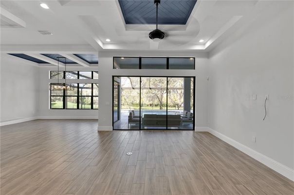 Empty room, Interior, Pendant Lights, Recessed Lighting, Wood Texture Flooring