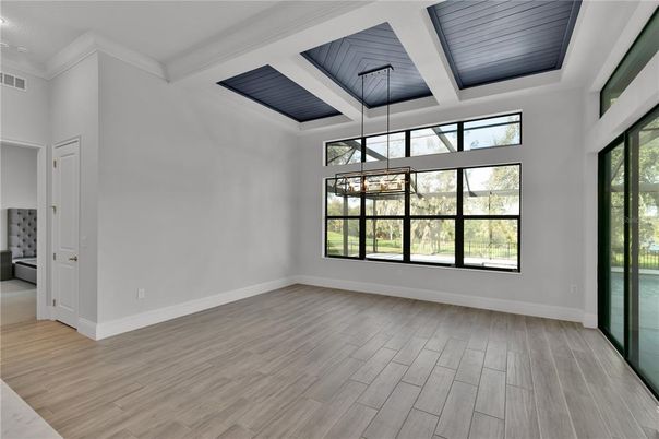 Empty room, Interior, Pendant Lights, Wood Texture Flooring