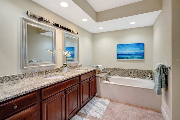 Bathroom, Dual Sink Vanities, Interior, Marble, Recessed Lighting