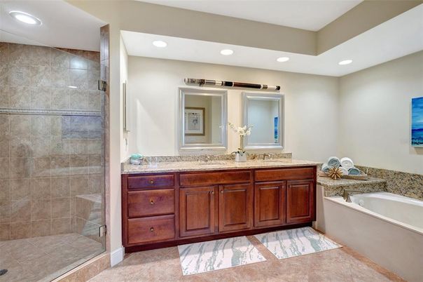 Bathroom, Dual Sink Vanities, Glass Shower, Interior, Recessed Lighting