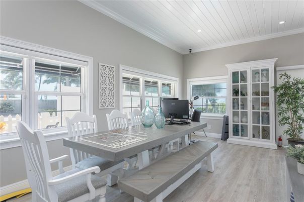 Dining room, Interior, Recessed Lighting, Wood Texture Flooring