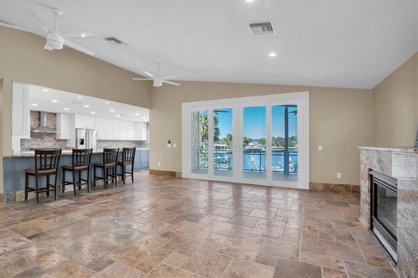 Fireplace, Interior, Kitchen, Pendant Lights, Recessed Lighting