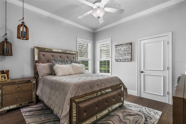 Bedroom, Interior, Pendant Lights, Wood Texture Flooring