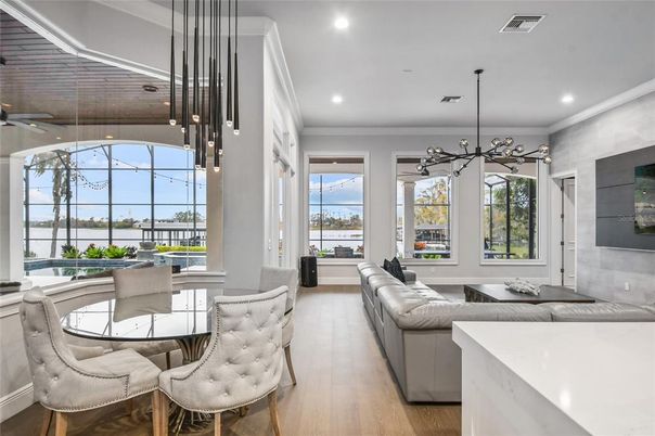 Dining room, Interior, Living room, Pendant Lights, Recessed Lighting, Water, Wood Texture Flooring