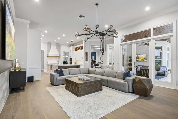 Interior, Kitchen, Living room, Pendant Lights, Recessed Lighting, Wood Texture Flooring