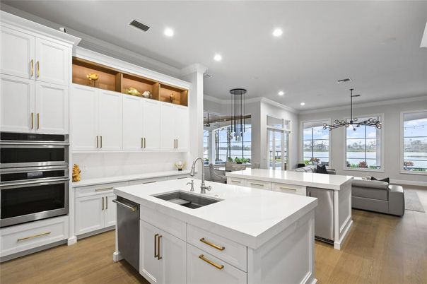 Interior, Kitchen, Living room, Pendant Lights, Recessed Lighting, Stainless Steel Appliances, Wood Texture Flooring