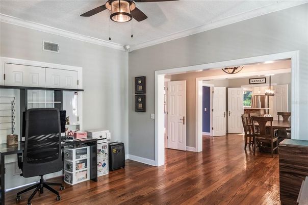 Chandelier, Home Office, Interior, Pendant Lights, Wood Texture Flooring