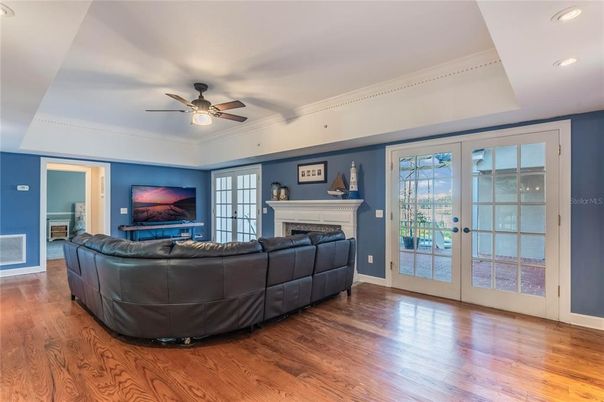 Fireplace, Interior, Living room, Recessed Lighting, Wood Texture Flooring