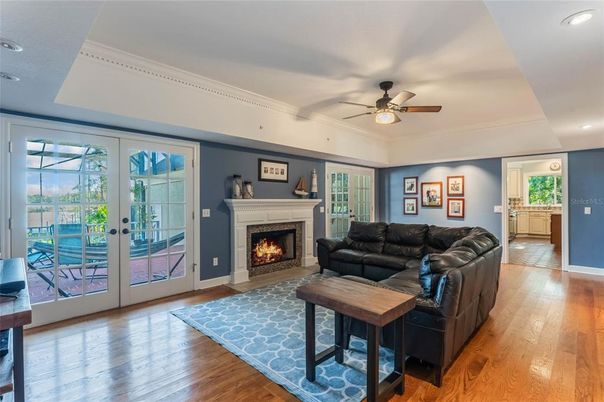 Fireplace, Interior, Living room, Recessed Lighting, Wood Texture Flooring