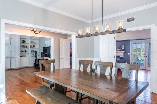 Dining room, Interior, Pendant Lights, Wood Texture Flooring