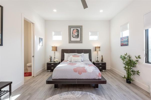 Bedroom, Interior, Recessed Lighting, Wood Texture Flooring