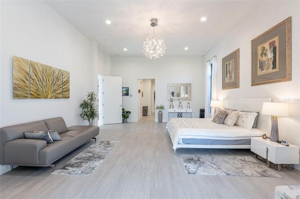 Bedroom, Chandelier, Interior, Pendant Lights, Recessed Lighting, Wood Texture Flooring