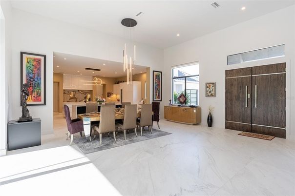 Dining room, Interior, Kitchen, Marble, Pendant Lights, Recessed Lighting