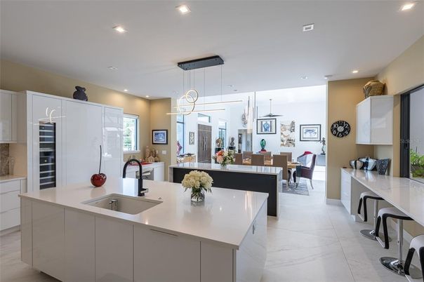 Dining room, Interior, Kitchen, Living room, Marble, Pendant Lights, Recessed Lighting