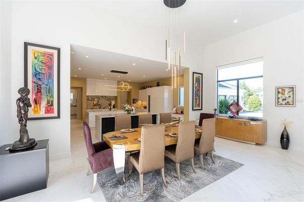 Dining room, Interior, Kitchen, Marble, Pendant Lights, Recessed Lighting