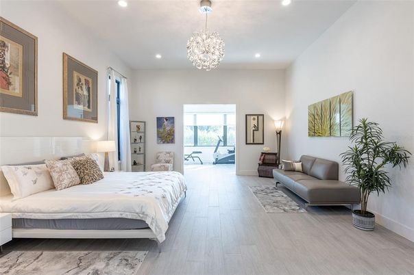 Bedroom, Chandelier, Interior, Recessed Lighting, Wood Texture Flooring