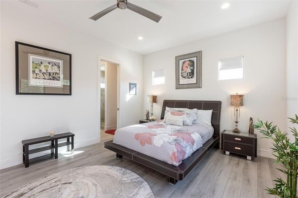 Bedroom, Interior, Recessed Lighting, Wood Texture Flooring