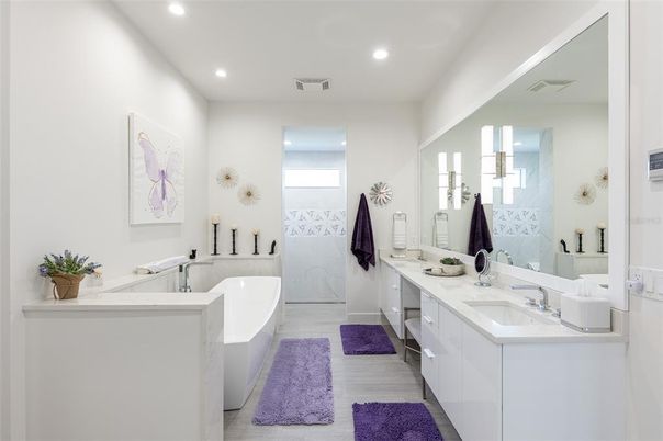 Bathroom, Dual Sink Vanities, Free Standing Baths, Interior, Recessed Lighting