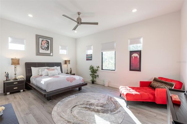 Bedroom, Interior, Recessed Lighting, Wood Texture Flooring