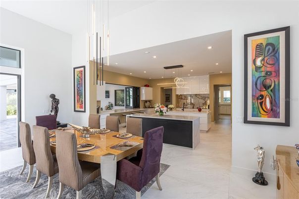Dining room, Interior, Kitchen, Marble, Pendant Lights, Recessed Lighting, Stainless Steel Appliances