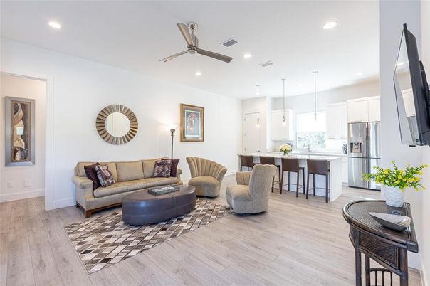 Interior, Kitchen, Living room, Pendant Lights, Recessed Lighting, Stainless Steel Appliances, Wood Texture Flooring