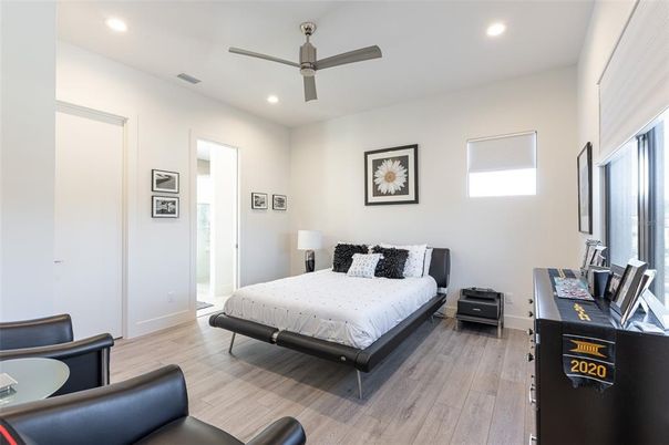 Bedroom, Interior, Recessed Lighting, Wood Texture Flooring