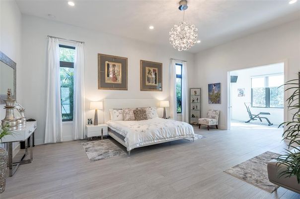 Bedroom, Chandelier, Interior, Recessed Lighting, Wood Texture Flooring