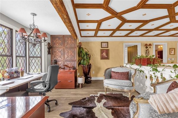 Chandelier, Home Office, Interior, Recessed Lighting, Wooden Beams, Wood Texture Flooring